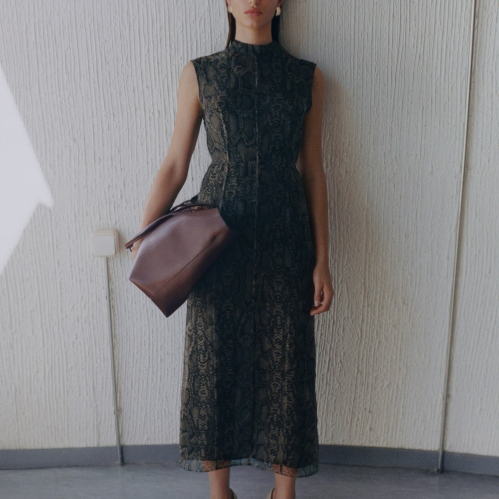 Mango Green Sheath Midi Dress Mock Neck Sleeveless